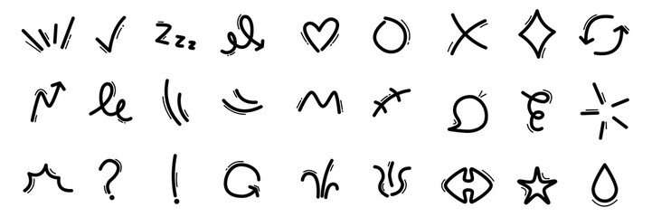 Hand drawn effect manga elements set. Cartoon doodle anime icons. Vector isolated illustration