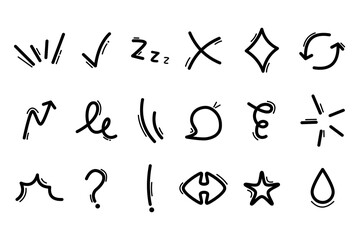 Hand drawn anime doodle set. Manga cartoon elements collection. Cute sketch icons isolated vector illustration.