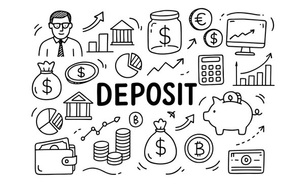 Financial deposit doodles with piggy bank, currency symbols, and graphs