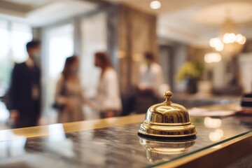 hotel service bell on glass counter in luxury reception desk