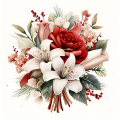 Elegant watercolor floral arrangement featuring a deep red rose and white lilies with berries and greenery