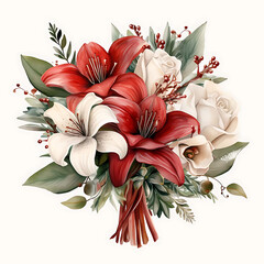 Beautiful watercolor painting of a festive holiday bouquet featuring vibrant red lilies white roses and evergreen foliage with delicate berries