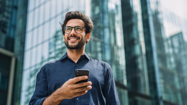 Portrait of smiling businessman outside holding smartphone while looking up in modern city environment, dressed in blue shirt. Male employee standing outdoors with phone and glass buildings behind.