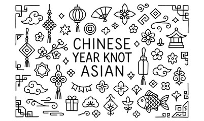 Chinese new year knot design with asian icons in linear black and white style