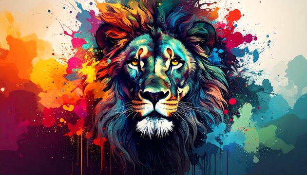 Colorful lion portrait with splashes - Powered by Adobe