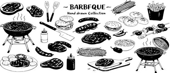 Hand drawn vector illustrations. BBQ collection. Barbeque design elements in sketch style. Fast food.
