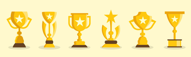Trophy collection in golden style. Six awards with stars symbolize victory and achievement. Bright design for competitions and success
