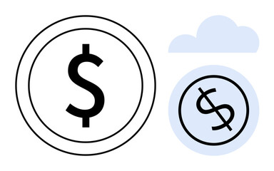 Large dollar coin alongside smaller coin enclosed in a light blue cloud. Ideal for finance, economy, money transfer, savings, investment, digital currency, fintech. Simple flat metaphor