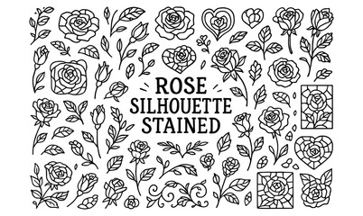 Stained rose silhouettes collection with detailed floral patterns and designs