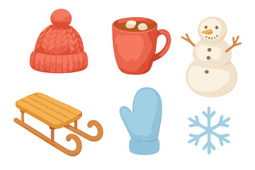 Set of cozy winter holiday items including a snowman, knitted hat, hot chocolate mug, blue mitten, wooden sled, and snowflake
