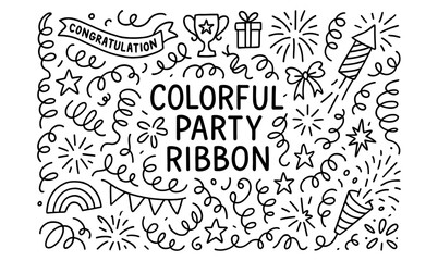 Celebratory doodle design with party ribbons and festive icons