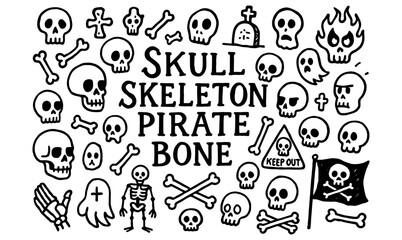 Playful skull and bone doodles with pirate theme on white background