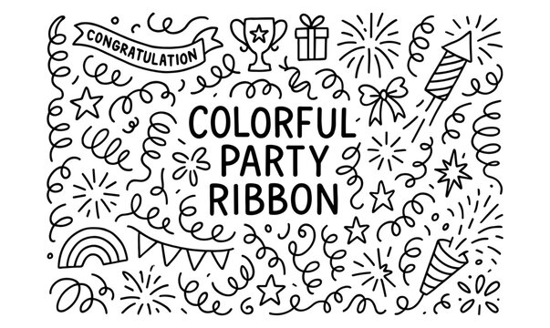 Celebratory doodle design with party ribbons and festive icons