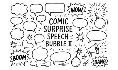 Hand-drawn comic speech bubbles set with bomb and megaphone