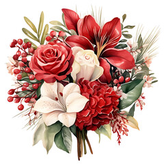 A beautiful watercolor illustration of a festive bouquet featuring red roses white lilies amaryllis and berries perfect for holiday and romantic occasions