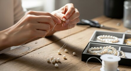Close-up of hands threading pearls on a string over a wooden table with jewelry-making supplies.
