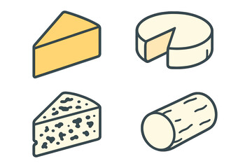 Delicious dairy products assortment featuring various cheese types including cheddar, brie, blue cheese, and goat cheese in a stylized graphic design