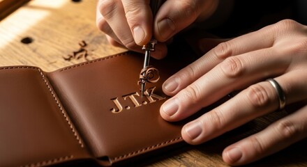 Close-up of hands personalizing a brown leather wallet with a key on a wooden surface