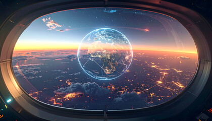 Spaceship Interior with Dome Window View of Earth, Holographic Planetary Map Display and Cosmic Sunrise