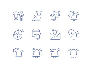 Notification icon set, alarm clock, calendar reminder, message alert, phone ring, delivery notification, time reminder, reminder bell, schedule alert, linear vector illustration.