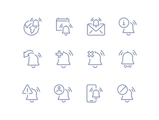 Notification icon set, alarm clock, calendar reminder, message alert, phone ring, delivery notification, time reminder, reminder bell, schedule alert, linear vector illustration.