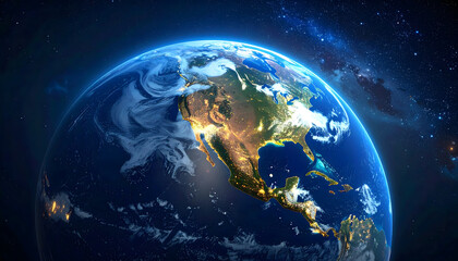 Satellite View of Earth at Night, Illuminated Continents Visible Under Celestial Blanket of Stars and Space
