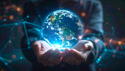 Human Hand Holding Glowing Earth Globe Amidst Digital Network Nodes, Illustrating Global Connectivity and Environmental Technology
