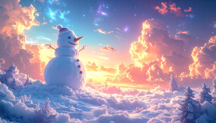 Serene Snowman in Dreamlike Winter Landscape with Colorful Sunrise Sky and Fluffy Clouds, Frozen Tranquility