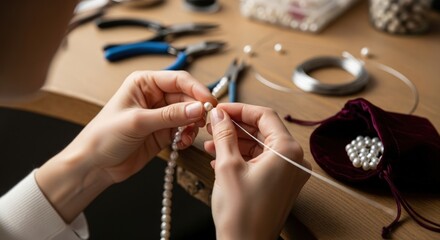 Close-up of hands threading pearls onto a string on a workbench with jewelry-making tools.