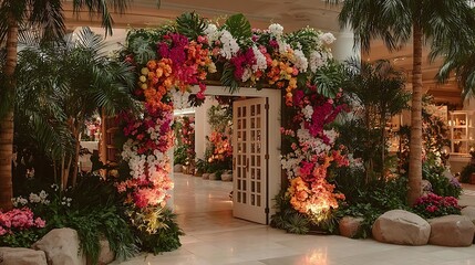 Romantic wedding entrance decorated with floral orchids high resolution picture