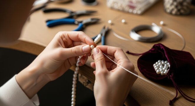Close-up of hands threading pearls onto a string on a workbench with jewelry-making tools. - Powered by Adobe