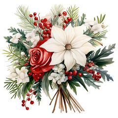 A beautiful festive winter bouquet featuring a large white poinsettia a red rose pine branches and red berries on a white background