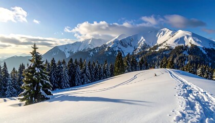 Fototapeta premium Snowy mountain landscape at sunrise