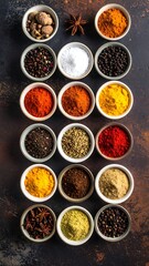 Colorful spices in small bowls arranged neatly