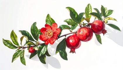 Obraz premium A pomegranate branch with flower and fruit realistic detail white background with subtle shadows 