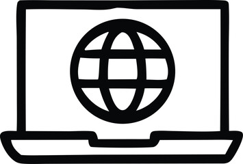 Hand drawn laptop computer screen displaying globe icon symbolizing internet connectivity digital communication online services