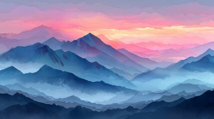 Obraz premium Surreal watercolor illustration of a mountain range shaped like sleeping giants, surrounded by ethereal mist and glowing cinematic skies