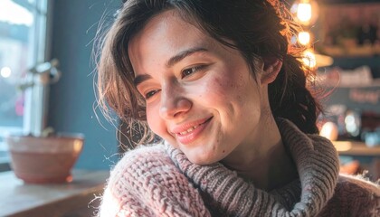 A young woman radiates confidence and pride while bathed in gentle, warm, light near