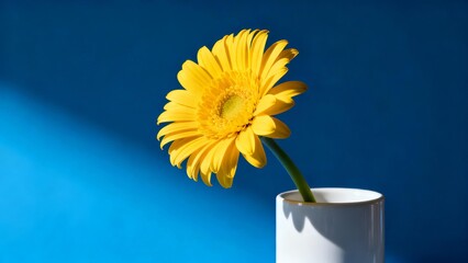 A vibrant yellow gerbera daisy in a white vase against a deep blue background, illuminated by soft natural light.