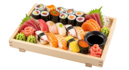 Sushi and sashimi set on wooden tray isolated PNG with Transparent Background