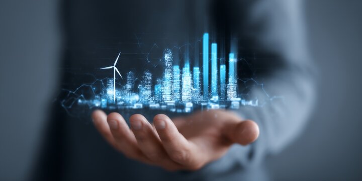 Hand holding a blue and white image of a city - Powered by Adobe