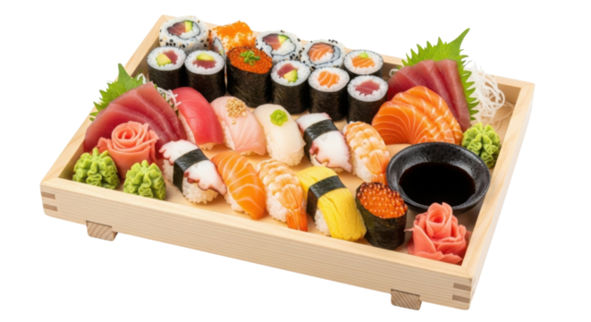 Sushi and sashimi set on wooden tray isolated PNG with Transparent Background - Powered by Adobe
