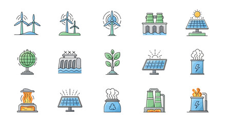 Naklejka premium Renewable Energy Icon Set: A collection of diverse and vibrant icons representing various sources of renewable energy, ideal for conveying concepts of sustainability and environmental consciousness.