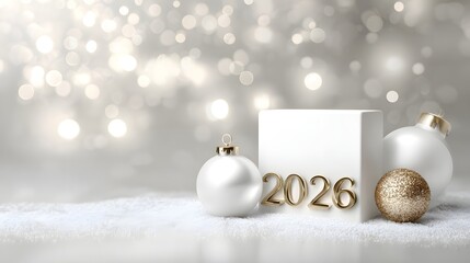 Happy New Year 2026 on a white background.  New Year greeting card with Christmas baubles. 