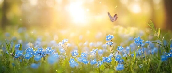 Blue tiny flowers on a spring blooming meadow with butterflies.