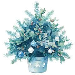 A beautifully decorated small artificial christmas tree in a pot with blue and white ornaments and subtle festive accents on a white background