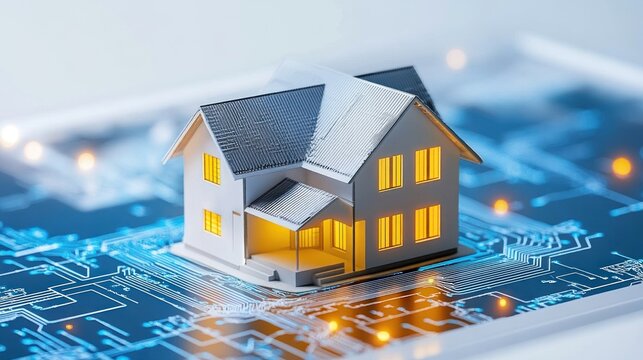 Smart home technology illuminated house model on circuit board