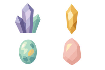 Vibrant collection of fantasy crystals, precious gems, and a spotted dinosaur egg on a clean white background