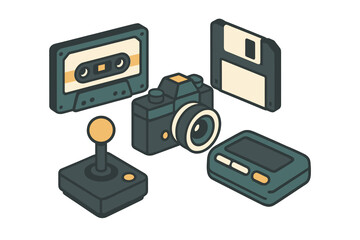 Vintage electronic devices collection: cassette tape, floppy disk, camera, joystick, pager in isometric style