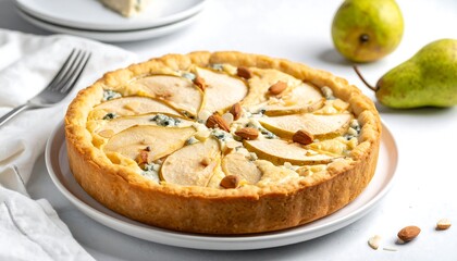 Pear and blue cheese tart on white plate